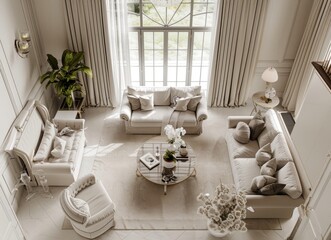 Contemporary classic cream and white luxury home interior, decorated with stylish furniture and elegant decor accents