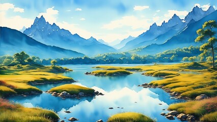 Mountain lakes mirroring rocky peaks and sky domes. An image of calm and beauty in a natural landscape. Watercolor illustration, AI Generated