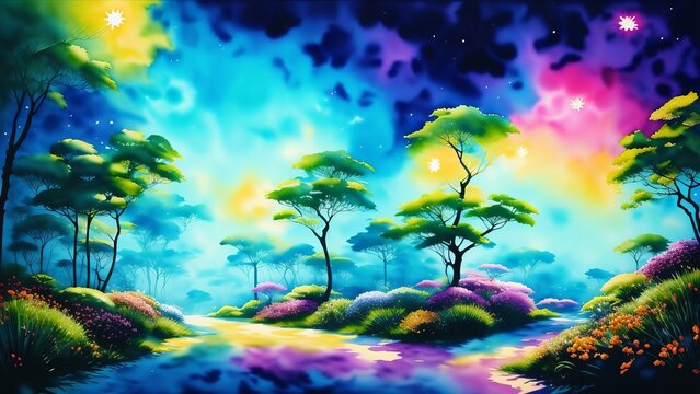 Neon jungle scene, where technology and nature intertwine, showcasing vibrant flora and ambient tech in a surreal. Watercolor illustration, AI Generated