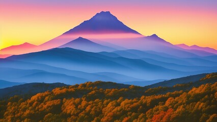 Grandiose mountain peaks shrouded in the haze of the evening sunset. A symbol of the strength and greatness of nature in one image. Watercolor illustration, AI Generated