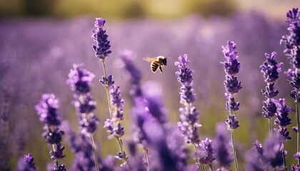 Obraz premium Lavender Dreams: Bees Amongst Fragrant Fields in Midday Sunlight