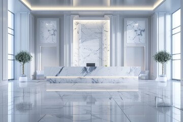 A spacious room with a white color scheme featuring a luxurious marble couch as the focal point.