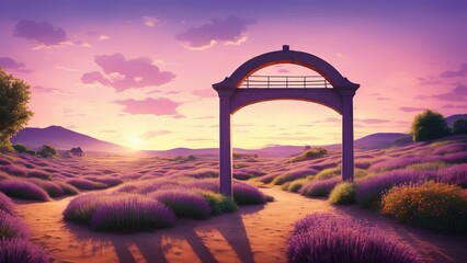 Empty product podium with lavender lilac arch matte paint whimsical set against a twilight cityscape. Watercolor illustration, AI Generated