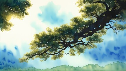 Ethereal depiction of an ancient tree whose branches morph into hands, reaching towards the sky in a plea for environmental preservation. Watercolor illustration, AI Generated