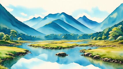 A quiet mountain river meandering between rocky slopes. Peaceful and tranquil image of mountain nature. Watercolor illustration, AI Generated