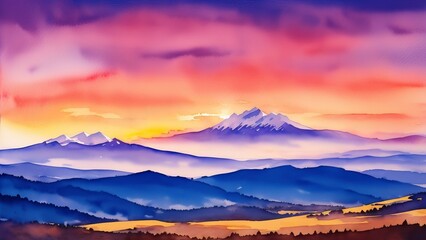The crimson glow of the sunset reflecting off the snowy mountain peaks. An image of eternity and beauty in nature. Watercolor illustration, AI Generated
