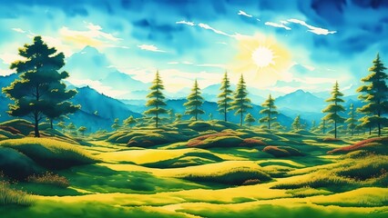 Surreal composition of a whispering forest with trees bending into impossible shapes, under a sky of glowing geometric patterns. Watercolor illustration, AI Generated
