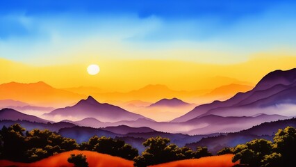 Sky-high mountain peaks, pierced by the first rays of the morning sun. Watercolor illustration, AI Generated