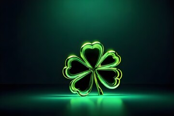 Glowing neon four-leaf clover on green background, perfect for St. Patrick’s Day, luck themes, or festive decor with a vibrant, selective focus design