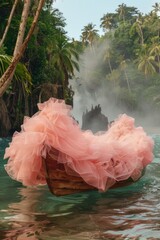 A whimsical image featuring a delicate pink tulle dress adorning a wooden boat amidst a serene tropical river
