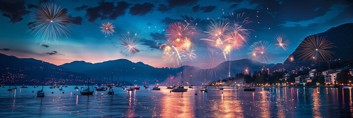 Lots of fireworks going off over the ocean as boats watch during the sunset - obrazy, fototapety, plakaty