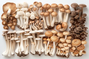 Assorted mushrooms arrayed in a colorful pattern, showcasing the variety of textures and sizes