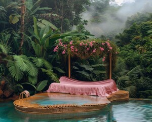 A dreamy setting with a hanging bed adorned with flowers amidst misty jungle showcasing tranquility and escape
