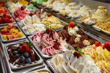 A close-up view displaying an assorted array of delicious desserts, showcasing different textures, colors, and flavors.