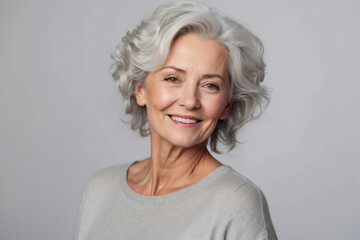 Lebensfrohe Seniorin mit stilvollem grauem Haar und strahlendem Lächeln - obrazy, fototapety, plakaty