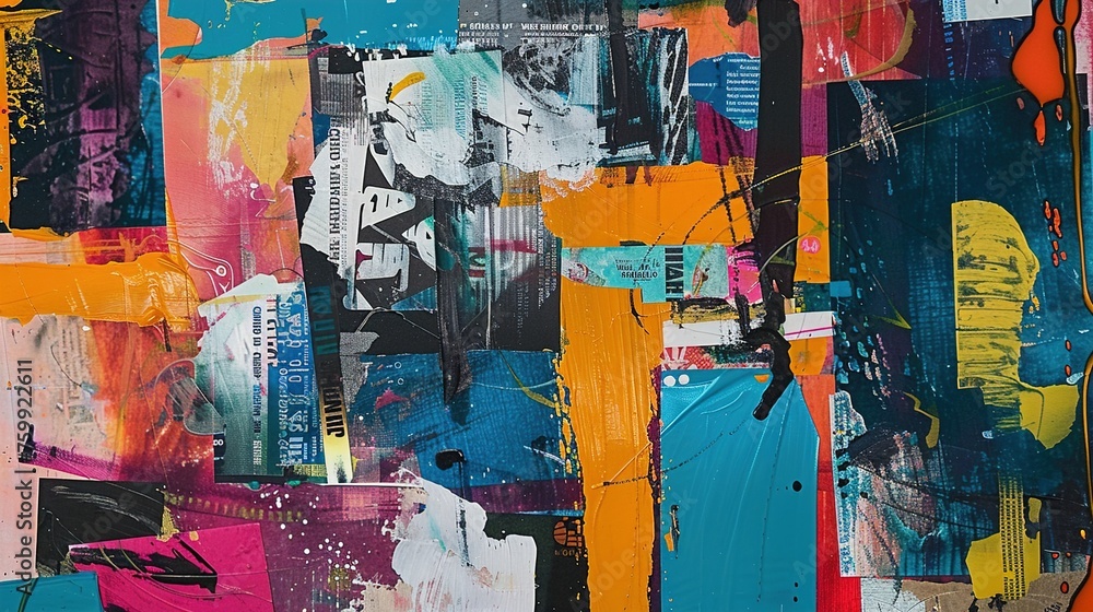 Poster a contemporary abstract collage featuring layers of imagery and text, creating a visually stimulatin