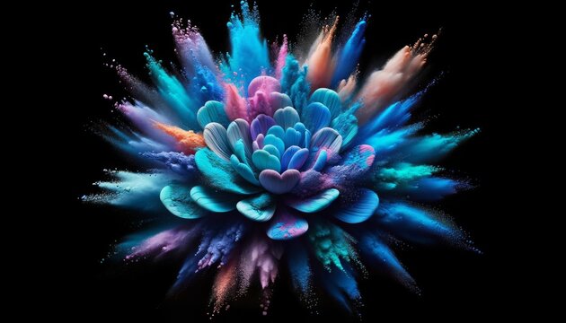 Widescreen view of brightly colored powders arranged to mimic the explosive bloom of a flower