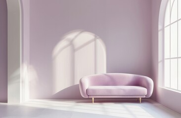3D Rendering of Modern interior design, minimalist light purple living room with a sofa and arched window