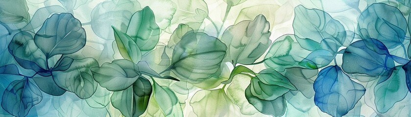 Watercolor alien flora tiles, close-up, gentle shading, serene blues and greenswatercolor - obrazy, fototapety, plakaty