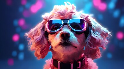 Goggles for dog. Closeup of a dog wearing Virtual Reality / VR Googles in neon background. Petfluencer . Dress Up Your Pet. World Animal Day October 4 - obrazy, fototapety, plakaty