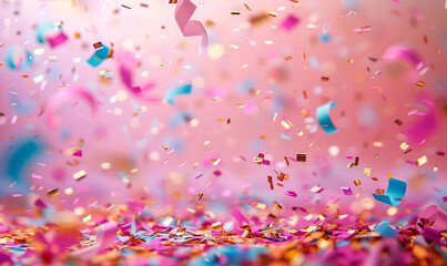 Colorful confetti flying around in the air on the vibrant pastel pink color background. Birthday and party concept banner. 