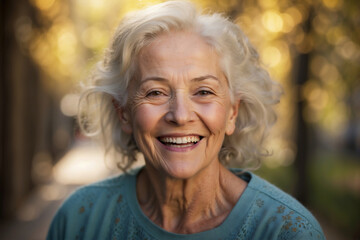 Ausgelassene Seniorin genießt das Leben mit einem bezaubernden Lächeln - obrazy, fototapety, plakaty