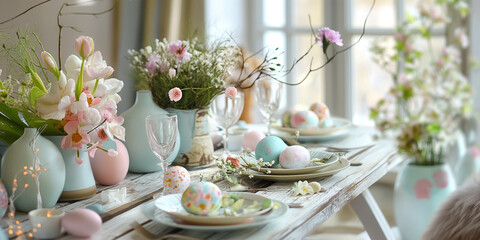 Festive table with spring flowers and coloured eggs to celebrate Easter. 
