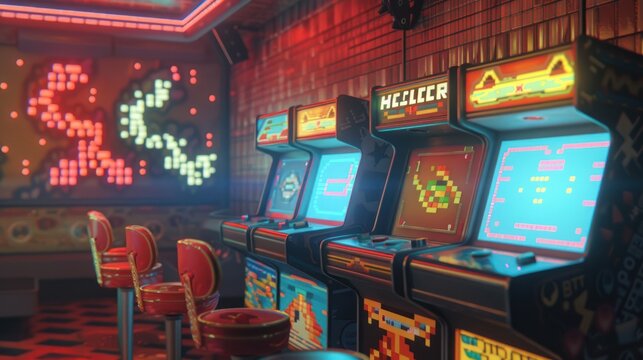 A vibrant 80s arcade room filled with classic video game cabinets glowing under neon lights, a nostalgic gaming haven.
