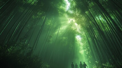 A snapshot of friends navigating through a dense bamboo forest, creating a sense of mystery and...