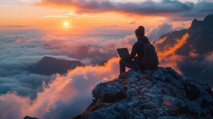 A digital nomad setting up a minimalist workspace on a mountain peak, with a breathtaking sunrise, emphasizing freedom and connectivity