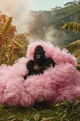 A mysterious person enveloped in layers of pink ruffles stands amidst the rich greenery of a jungle, exuding a sense of enigma and contrast