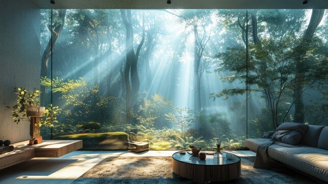 A futuristic device projecting a virtual reality nature escape right on the living room wall, offering an instant mental getaway