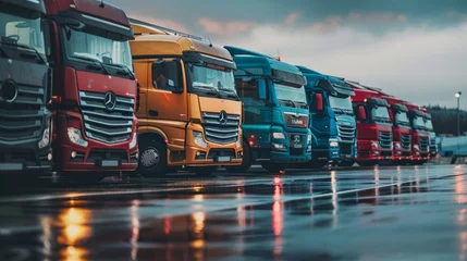 Foto op Plexiglas Fleet of trucks parked at parking lot yard of delivery company © ryanbagoez