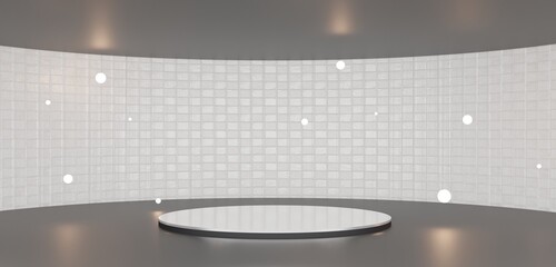 Showroom exhibition sphere cylinder round curved screen round pedestal 3D illustration