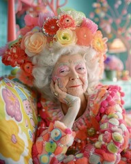 Elderly model with expressive floral headwear epitomizes vibrancy and flamboyance