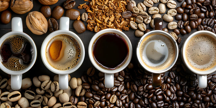 Coffee concept with different types of coffee and props for coffee making on grey background. view from above.
