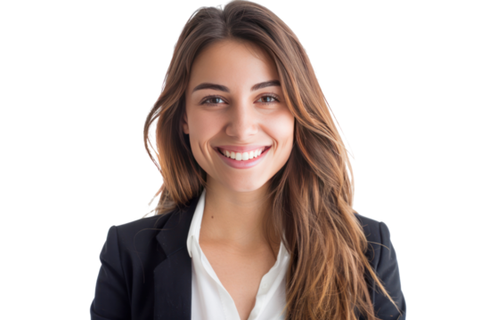 Confident brunette businesswoman in suit smiling isolated on transparent background.