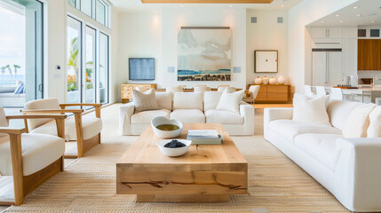 Fototapeta na wymiar In natural light, a modern living room features a white sofa and armchairs arranged around a cubic wooden coffee table. 