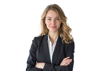 Confident brunette businesswoman in suit smiling isolated on transparent background.
