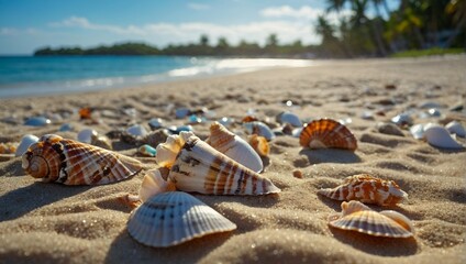 Fototapeta na wymiar Landscape with seashells on tropical beach.