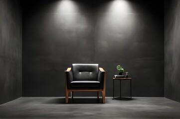 A chair in a beam of studio light in the dark room, a cinematic scene. Interior texture for display product. Darkness concept. Ideal candidate for vacancy concept - obrazy, fototapety, plakaty