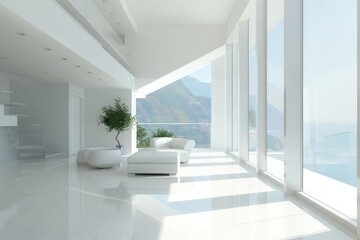 A white room with large windows and a white couch placed in the middle.