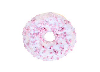 Donut with berry glaze isolated on white background, top view