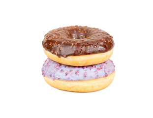 Two donuts with fruit and chocolate glaze on top of each other on a white background