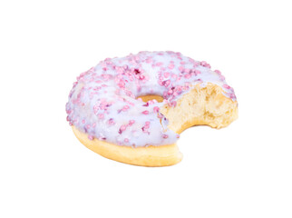 Bitten donut with fruit glaze isolated on white background