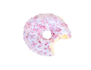 Bitten donut with fruit glaze isolated on white background, top view