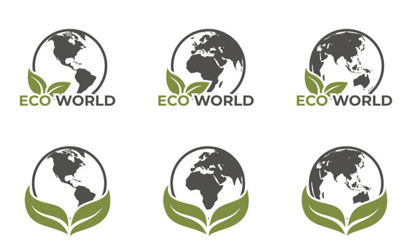 eco world icon set. western and eastern earth hemispheres. sustainable and eco friendly conceptual illustrations