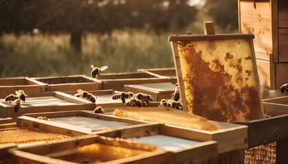 Rustic Honey: Bees Creating Honey in the Soft Morning Light - obrazy, fototapety, plakaty