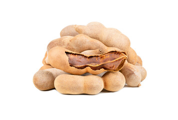Bunch of tamarind fruits in shell on white background