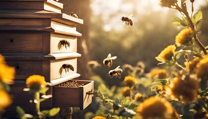 Rustic Honey: Bees Creating Honey in the Soft Morning Light - obrazy, fototapety, plakaty